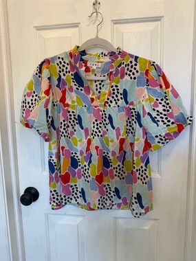 THML Multicolor Abstract Print Short Sleeve Top - White, Pink, Blue, Yellow